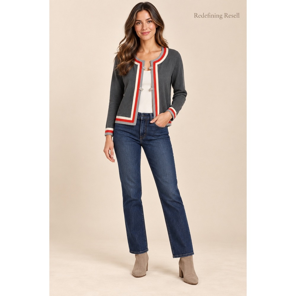 Kate Spade New York Grey Wool Silk Cardigan Pave Bow Hook Eye Stripe Small